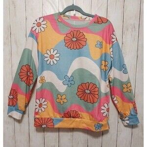 Retro Groovy Floral Sweatshirt Womens Colorful Mod Daisy Pullover Top Size Small